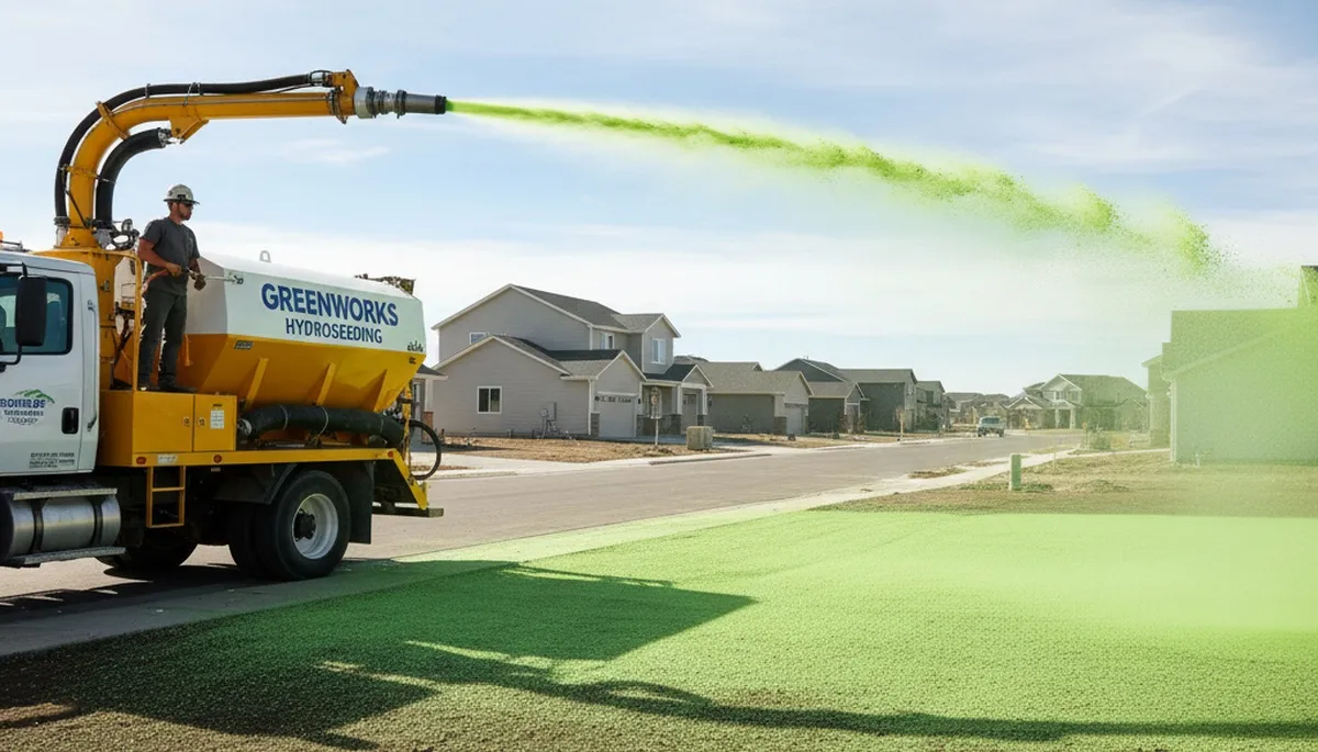 Hydroseeder truck spraying green slurry on Thornton, CO lawn for professional hydroseeding service
